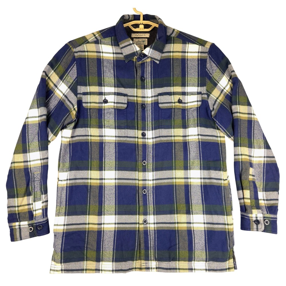 LL Bean Mens Fleece Lined Flannel Shirt Jacket Blue Green Plaid M 298189